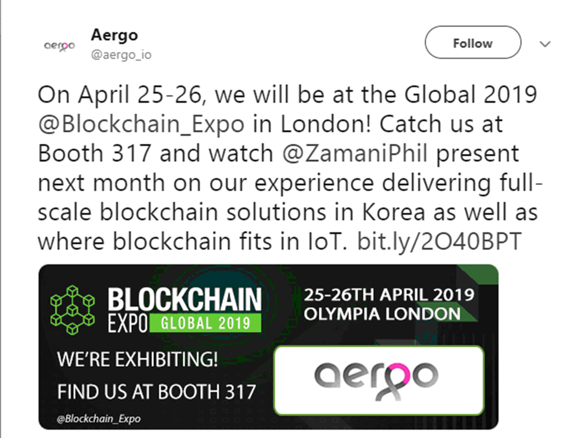 Команда AERGO будет представлена на блокчейн конференции GLOBAL 2019 BLOCKCHAIN EXPO в Лондоне 25 и 26 апреля