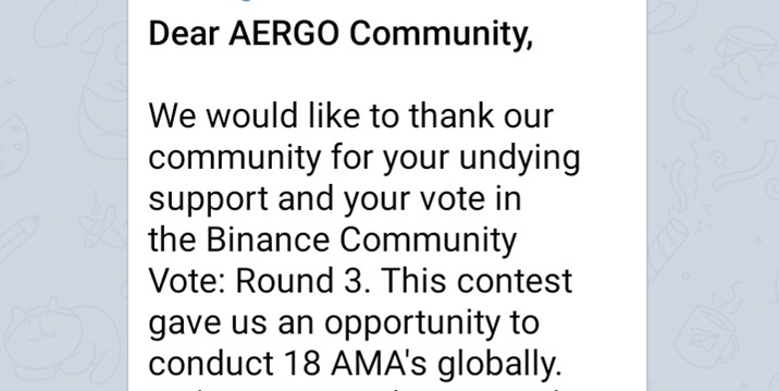Официальное сообщение от команды Aergo для сообщества. Результаты голосования Binance community vote