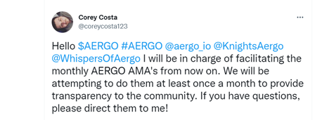 Corey Costa теперь будет отвечать за проведение ежемесячных AMA AERGO