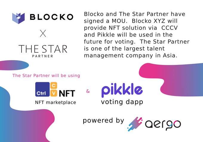 Blocko и The Star Partner подписали меморандум о взаимопонимании. Blocko XYZ предоставит решение NFT через CCCV NFT, а сервис Pikkle будет использоваться в будущем для голосования. Работает на Aergo