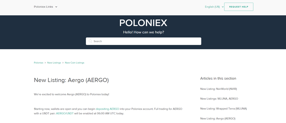 Листинг AERGO на Poloniex