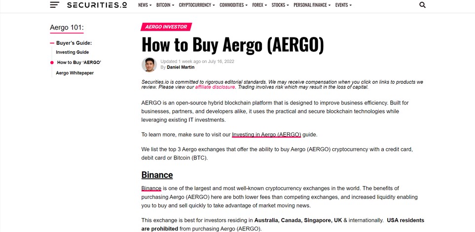 Как купить Aergo (AERGO): статья Дэниела Мартина, Securities.io