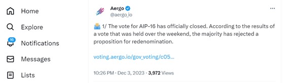 Голосование за AIP-16 официально завершено: твит Aergo Official