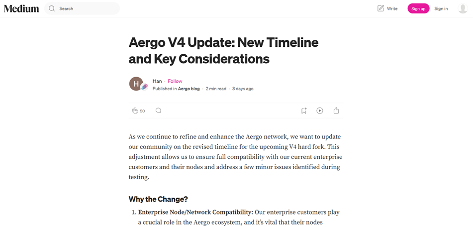 Обновление Aergo V4: новые сроки и основные соображения: статья в Medium от Aergo Official